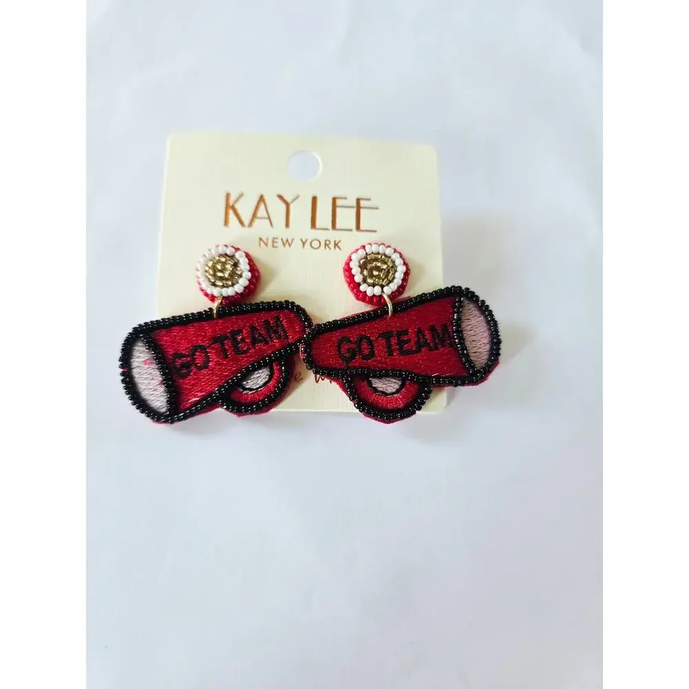 Kay Lee Red Magaphone Goe Team Read Earrings Beaded New